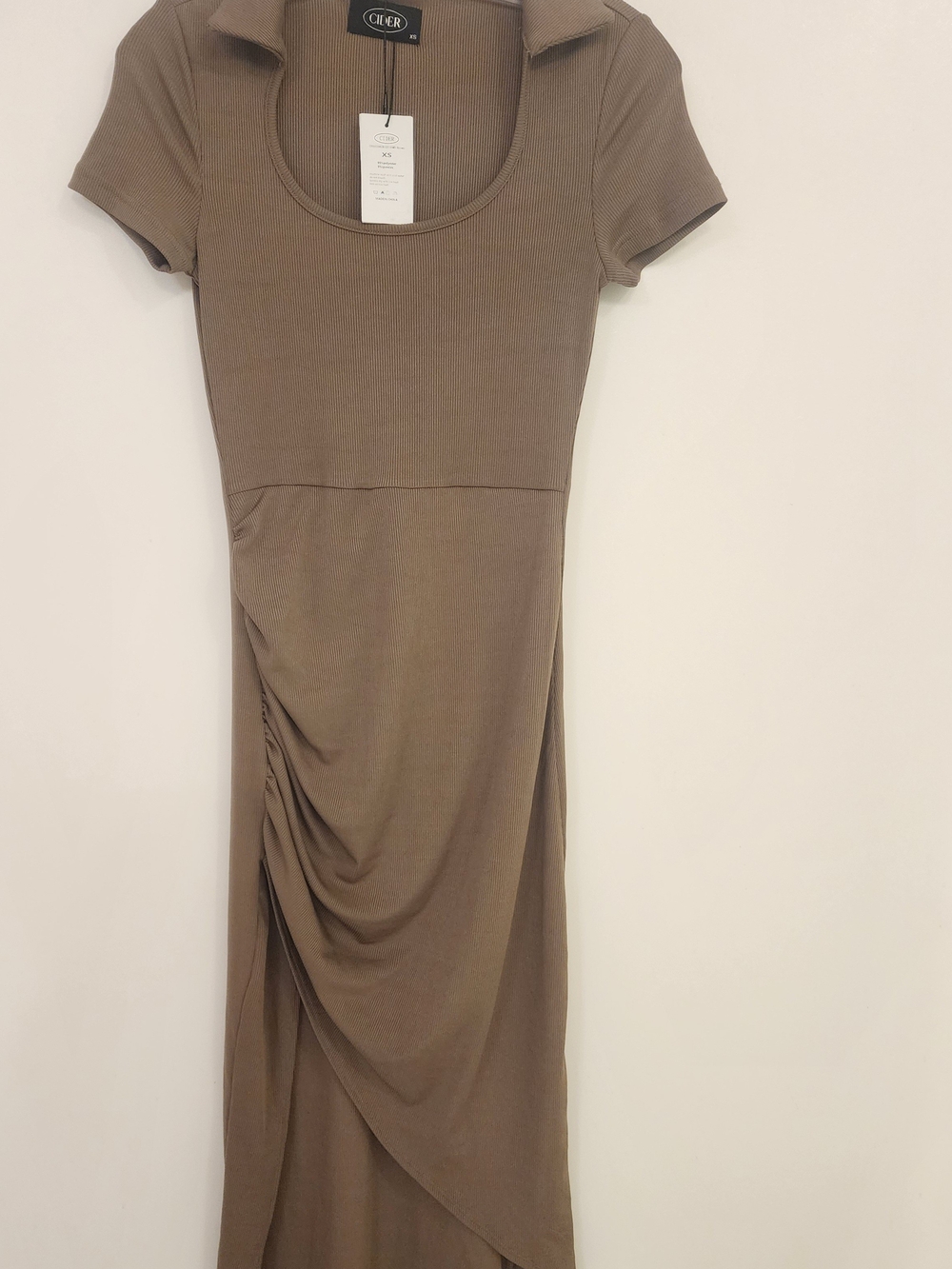 Cider Taupe Scoop-Neck Ruched Maxi Dress